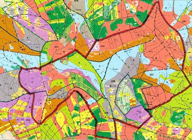 porostní lesnická mapa LHC Frýdek-Místek se zákresem plochy ostrova přírody „Obnova biotopu pro tetřeva“