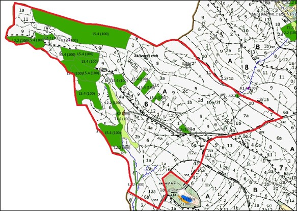 mapa přírodních biotopů: L5.4 – acidofilní bučiny, L2.2 – údolní jasanovo-olšové luhy