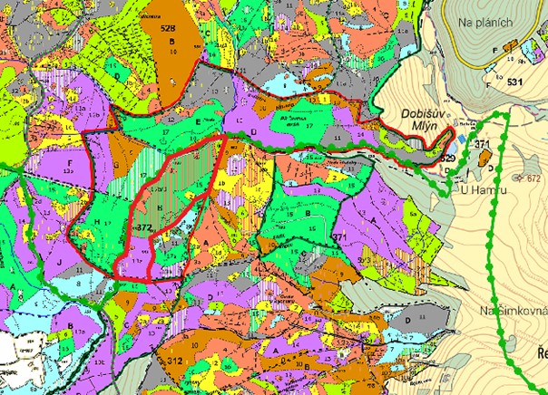 porostní lesnická mapa LHC Vimperk se zákresem hranic ostrova