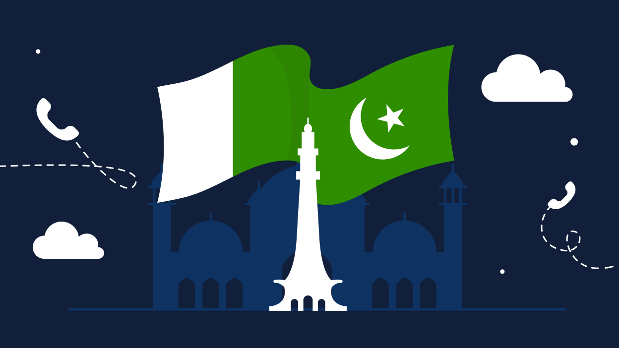 An illustration of the Pakistani flag waving over the Minar-e-Pakistan and the silhouette of the Badshahi Mosque, with icons of telephones on either side, symbolizing communication in Pakistan.
