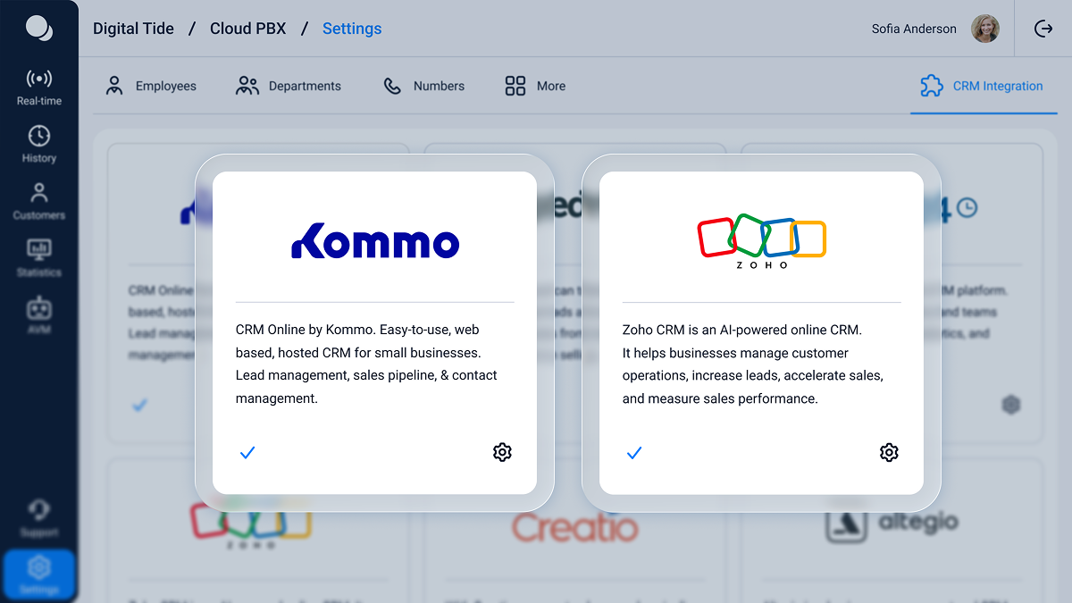 Digital Tide Cloud PBX settings screen showing CRM integration options including Kommo and Zoho CRM connection cards