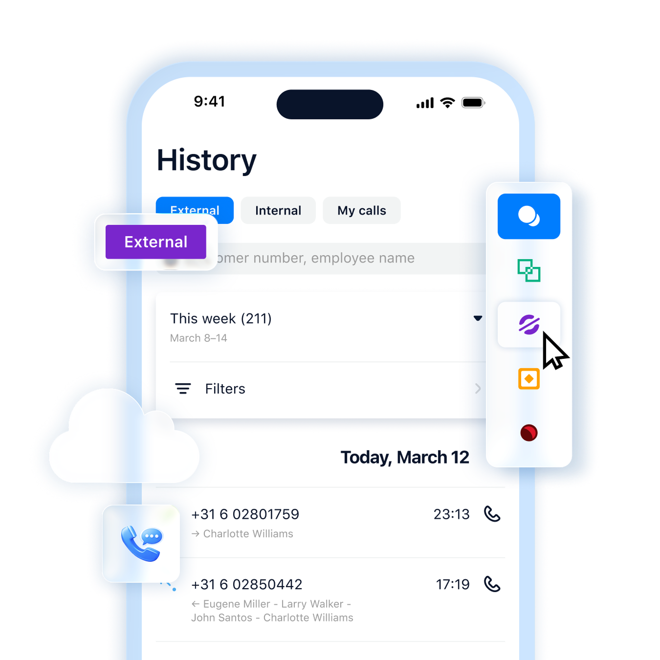 Digital Tide mobile app call history screen showing external and internal call logs with caller names and timestamps