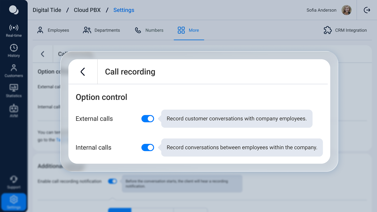 Digital Tide Cloud PBX settings screen showing call recording toggles for external and internal calls with consent notification option
