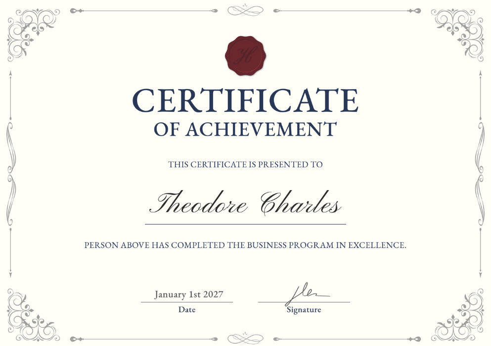 Minimalist certificate of achievement awarded to Theodore Charles for completing a business program, with elegant border design and a wax seal graphic.