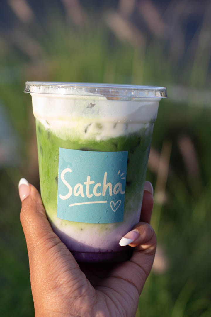 A product photo of Satcha logo on cup against a backdrop of plants.