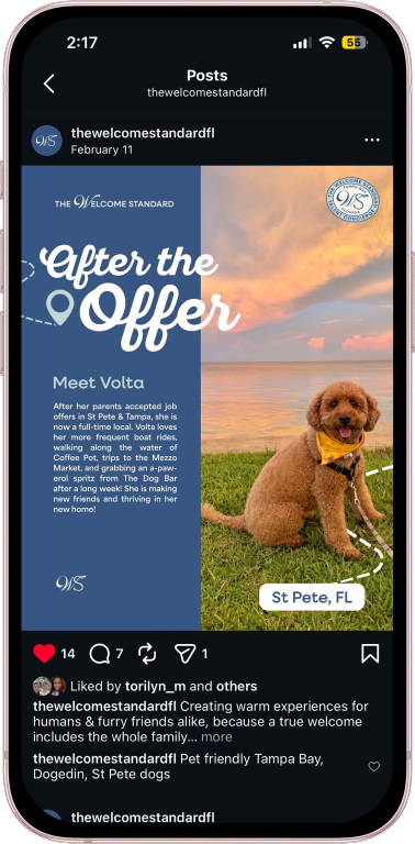 Instagram post introducing Volta, a dog who moved to Tampa Bay.