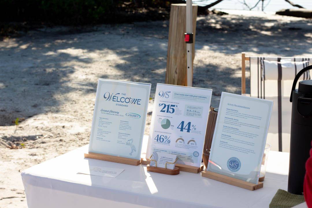 A close-up shot of The Welcome Standard's booth at the beach cleanup showing infographics and a business card.