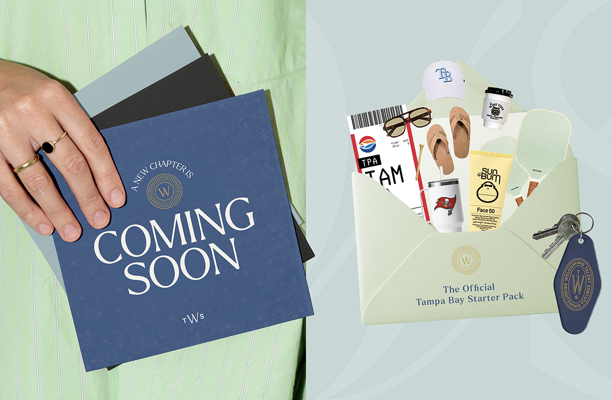 On the left is a "Coming Soon" card design and on the right is "Tampa Bay staples" falling out of an envelope.