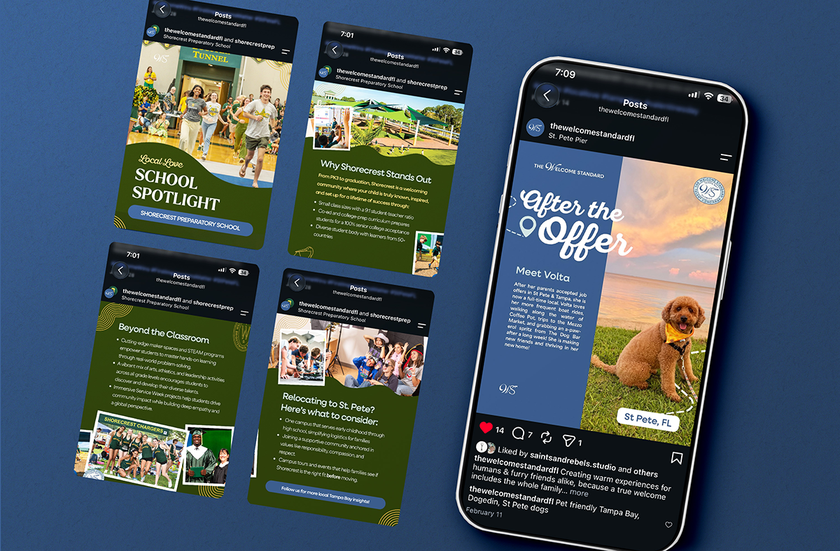 A digital display of five Instagram posts by The Welcome Standard, showcasing Shorecrest Preparatory School highlights and a pet-friendly feature titled 'After the Offer' about Volta, a dog enjoying Tampa Bay.