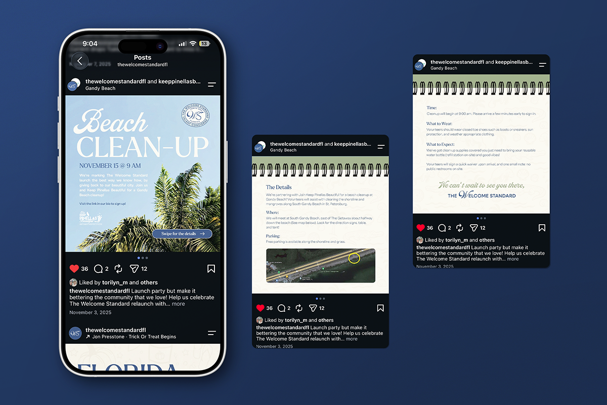 Social media graphics for The Welcome Standard's beach cleanup.