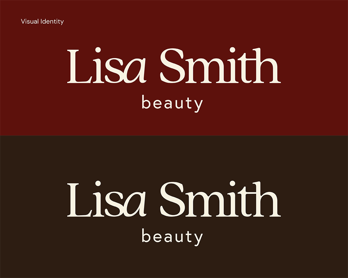 Lisa Smith Beauty logo in an off-white color shown on red and brown.