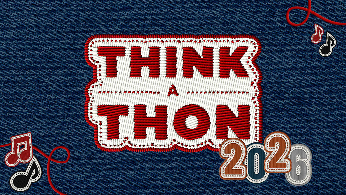 Think-A-Thon logo embroidered patch on denim background.