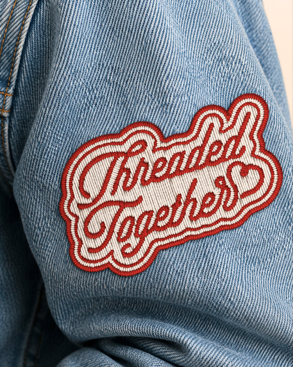 Embroidered "Threaded Together" patch shown on a denim jacket sleeve.