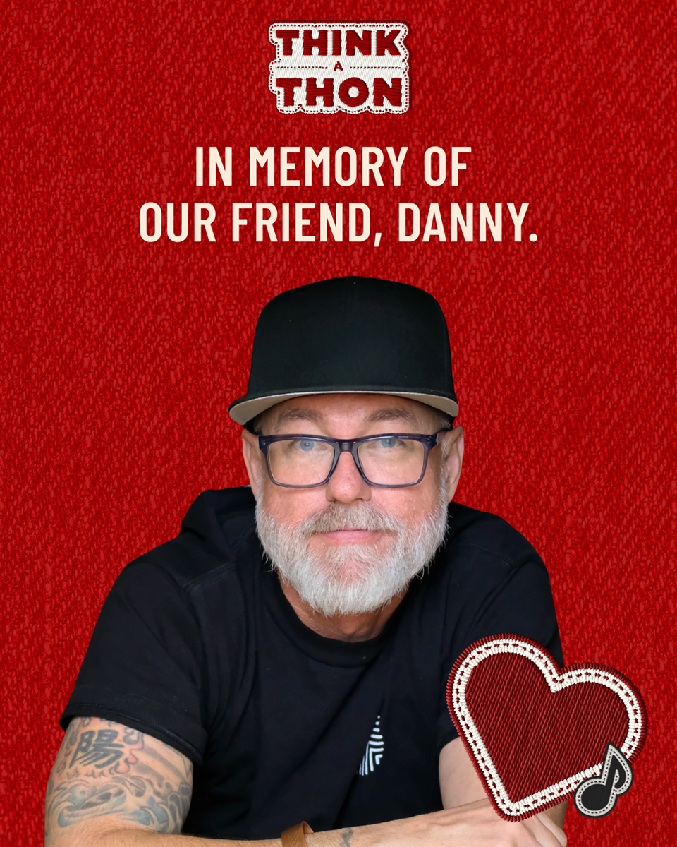 A social media post in memory of Danny on a red denim background.