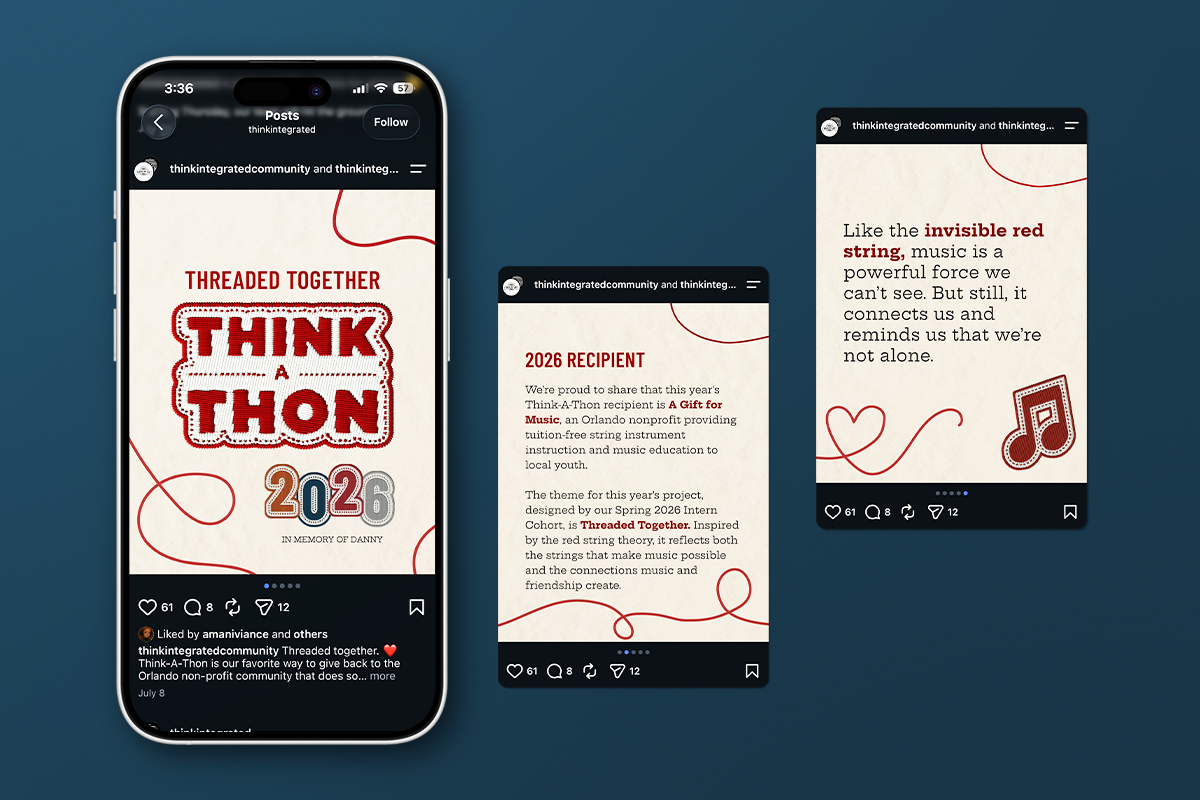 Social media designs for Think-A-Thon shown on iPhone with two floating images.