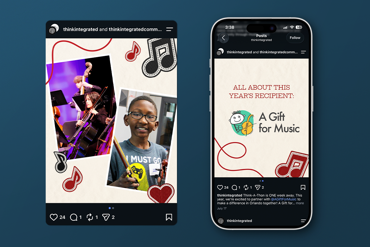 Social media designs for Think-A-Thon shown on iPhone with a floating image.