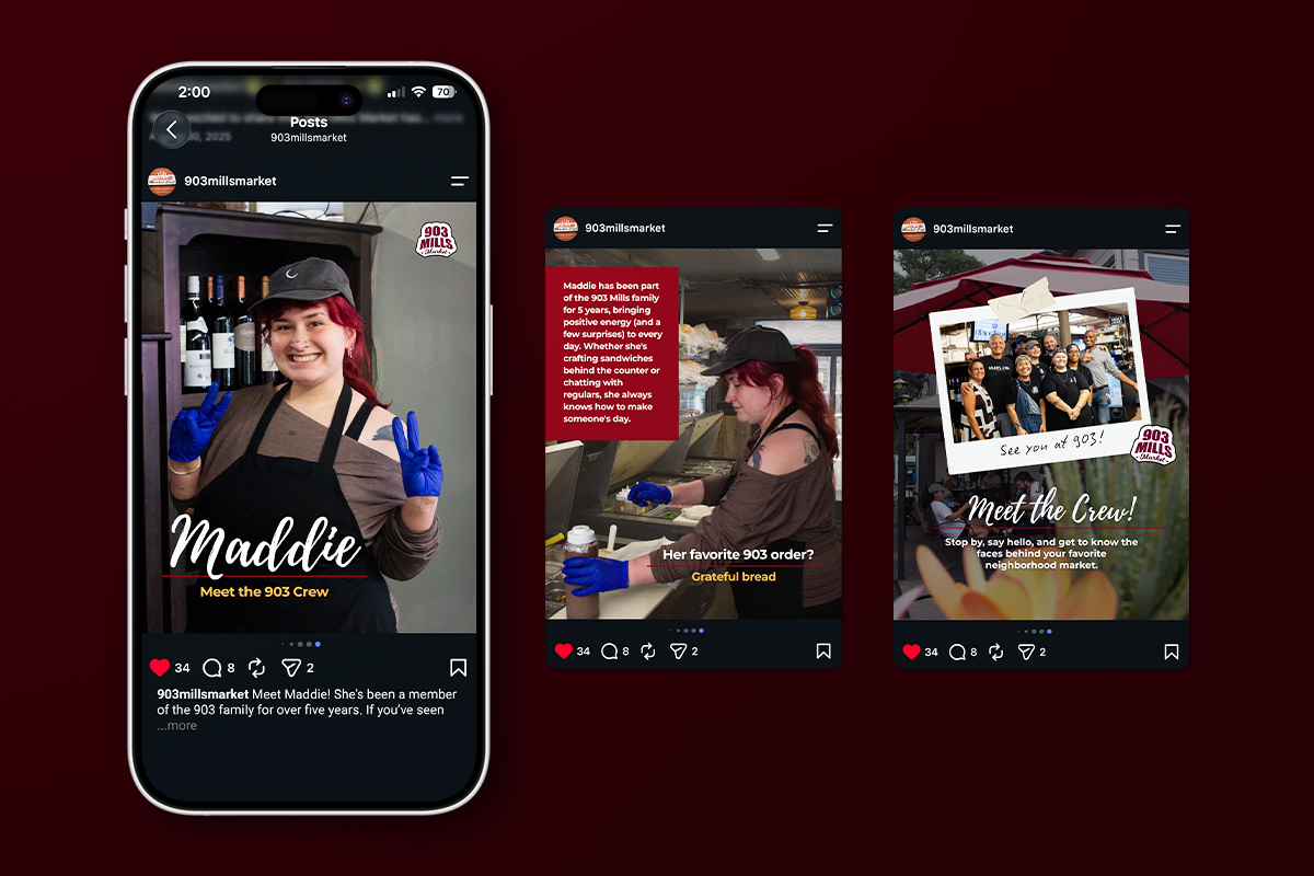 Social media post introducing an employee for 903 shown on iPhone with two floating images.