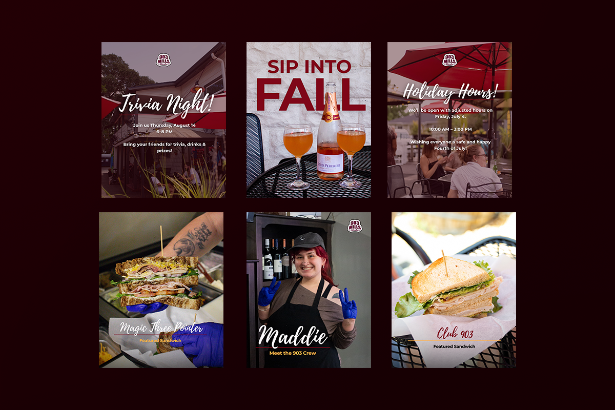 6 social media templates for 903 shown on burgundy background.