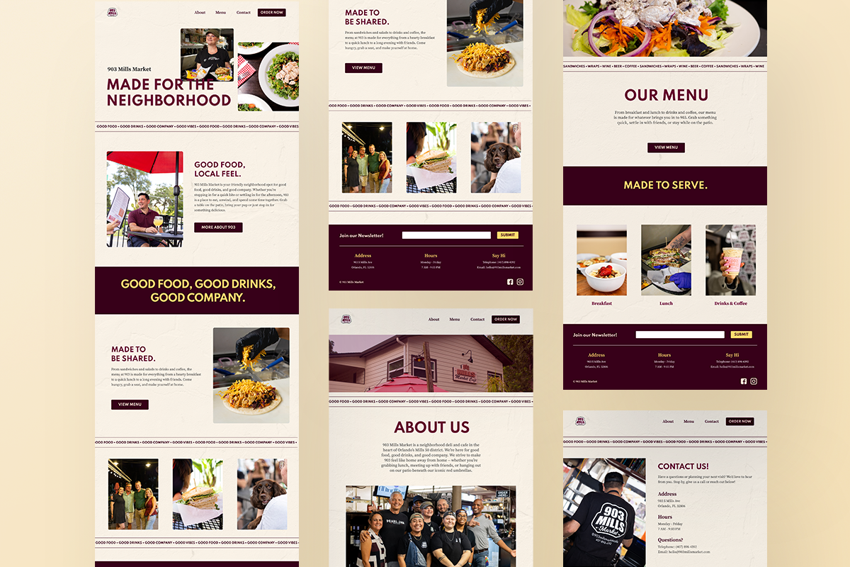 A layout of the designs for each page of 903's website.