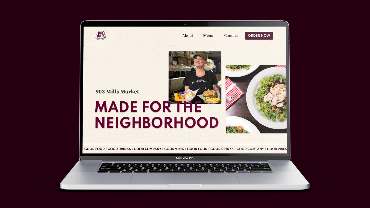903 Mills Market's website landing page shown on a laptop.