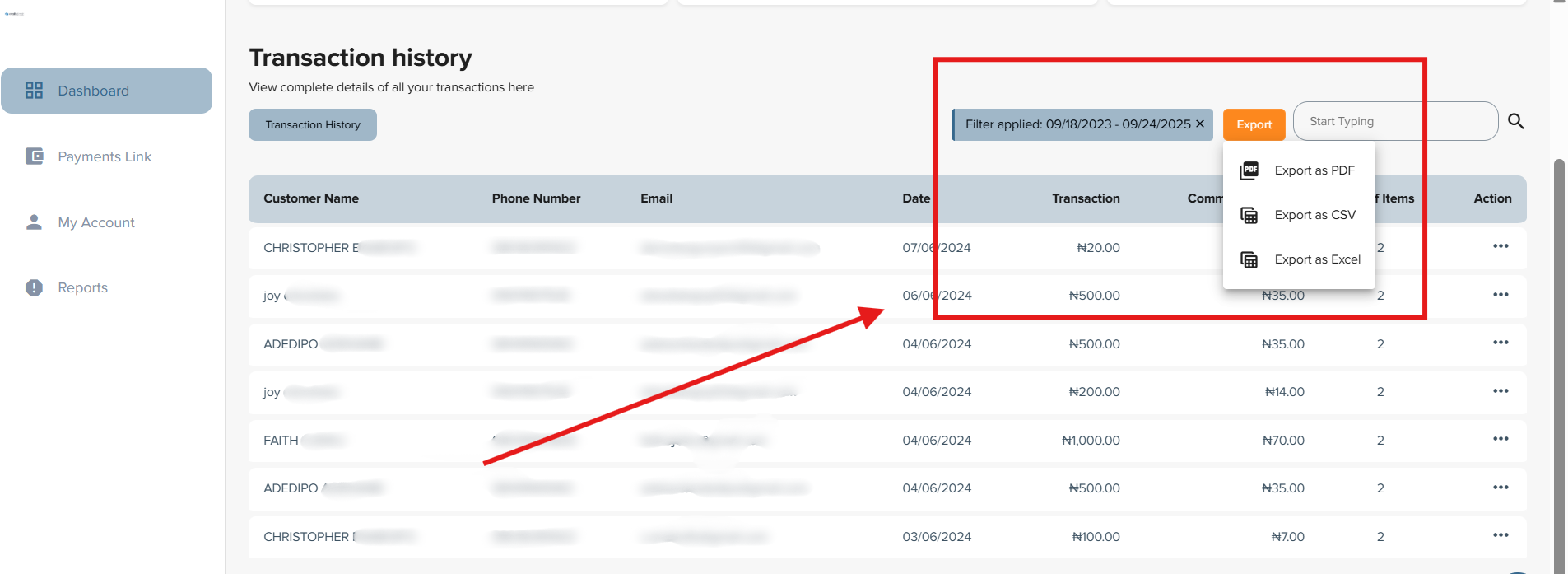 Transacton history export on the Checkout Merchant Dashboard