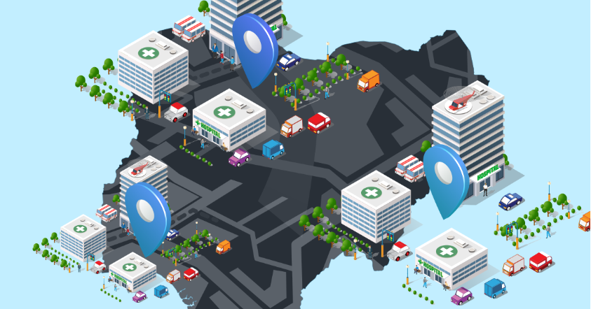 A health care complex with ambulances, hospitals, and pharmacies