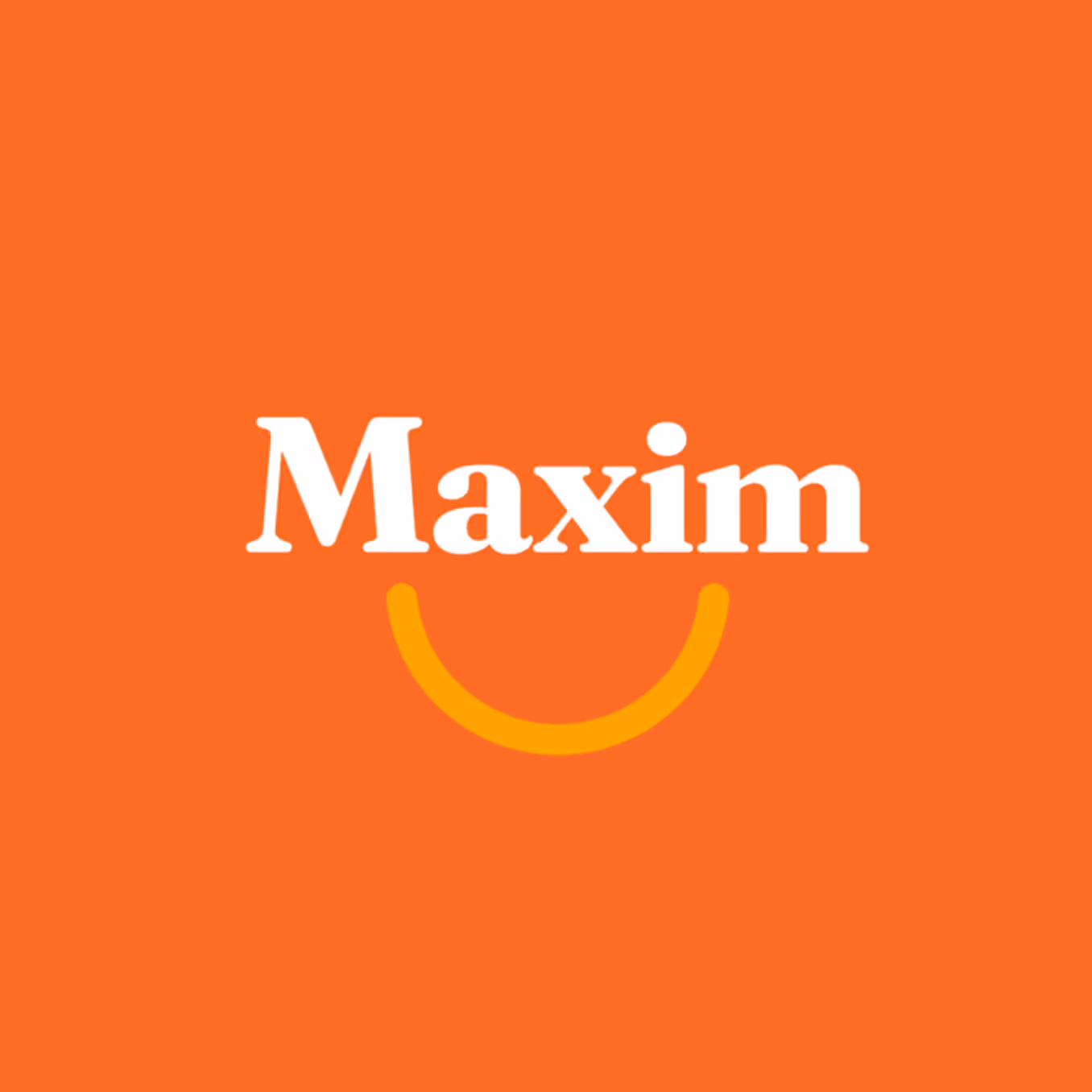 Maxim logo met witte tekst en gele glimlach op oranje achtergrond