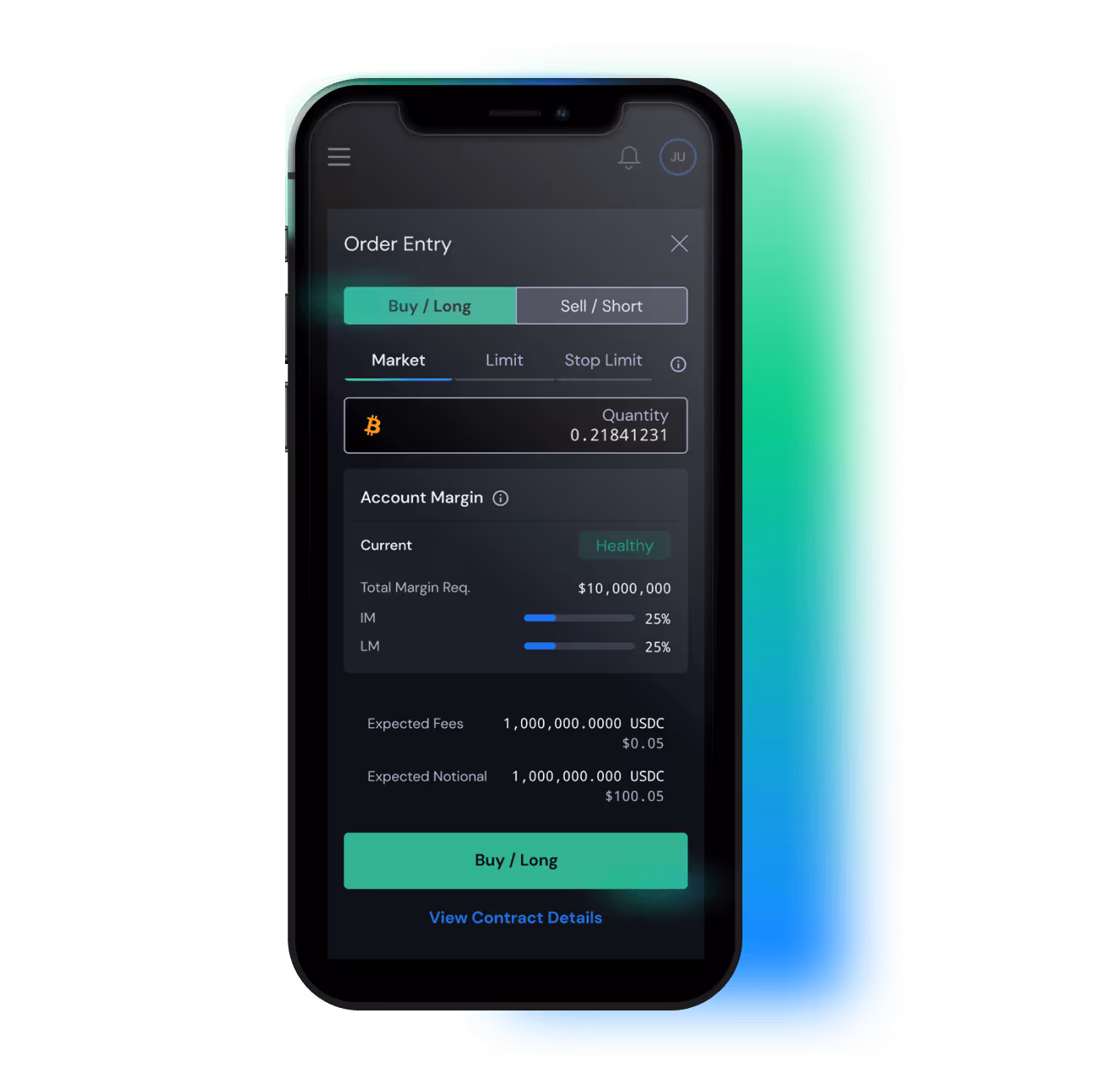 Mobile device showing a Bullish exchange order entry screen.