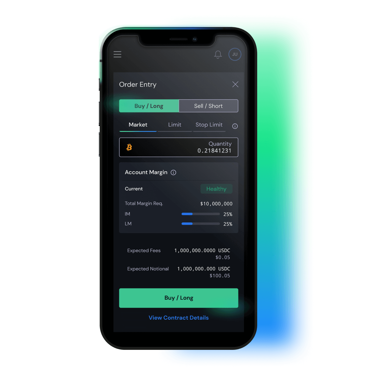 Mobile device showing a Bullish exchange order entry screen.