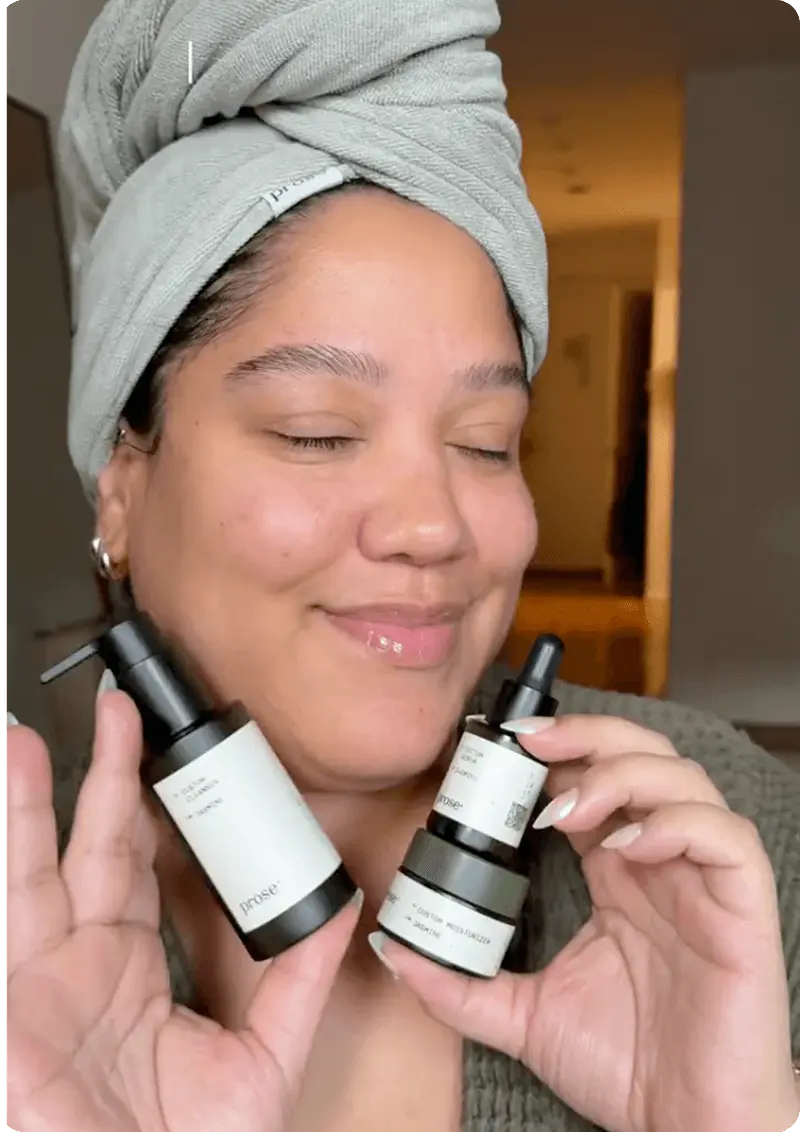 woman talking about prose skincare products