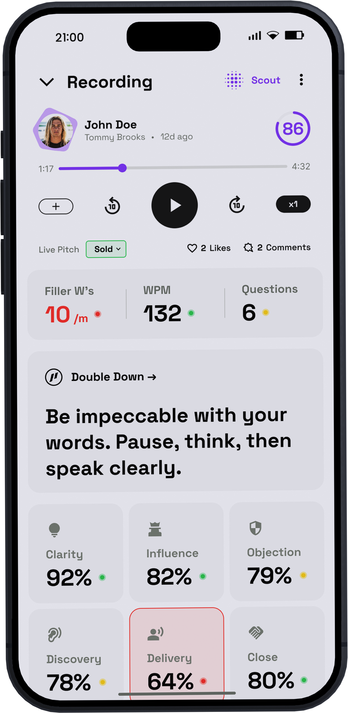 Rep sales recording overview, showing sales pitch scores, an area the rep needs to improve, and AI generated feedback across 6 pillars of the sales process.