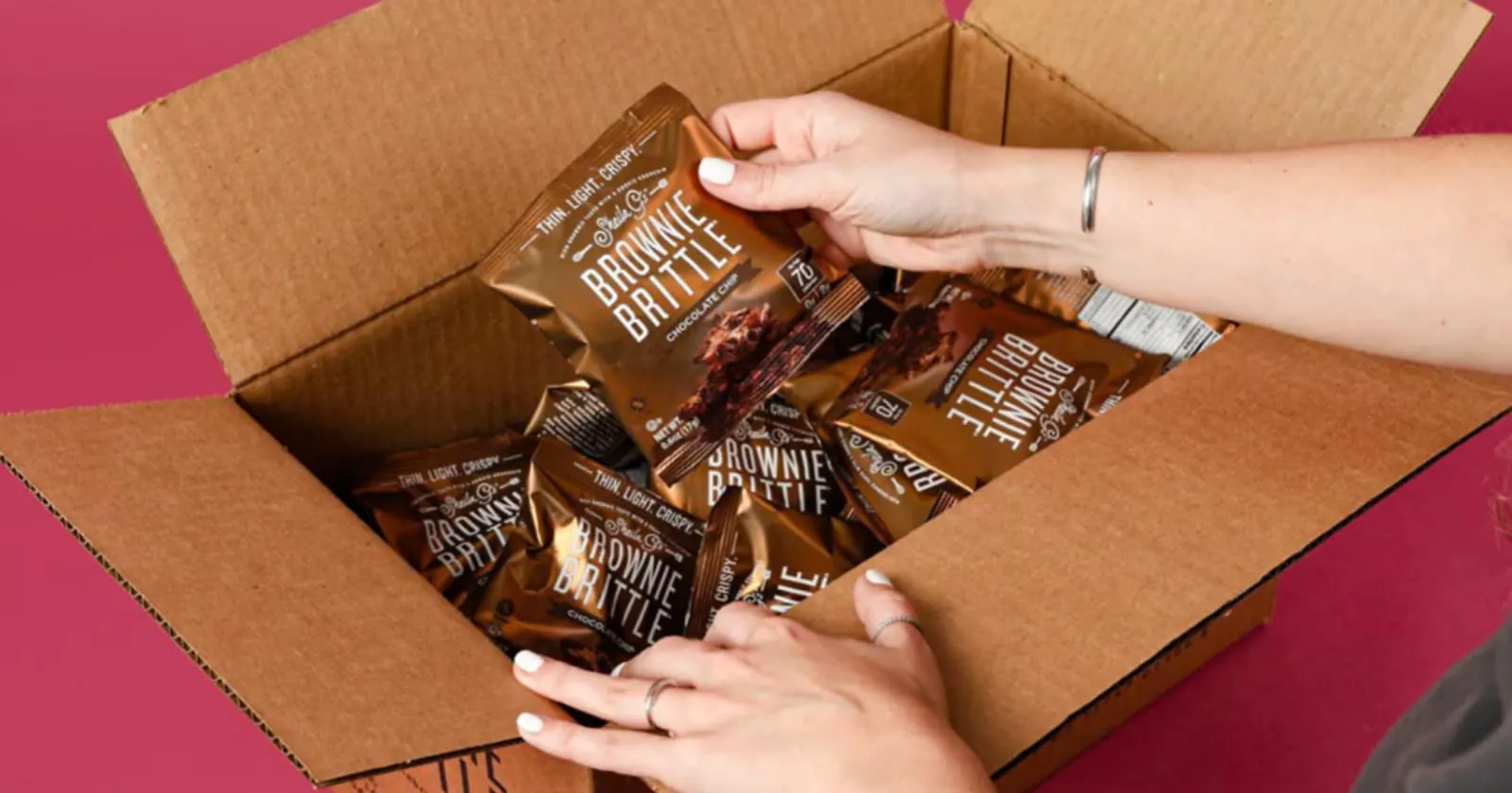 a box of brownie brittle sample