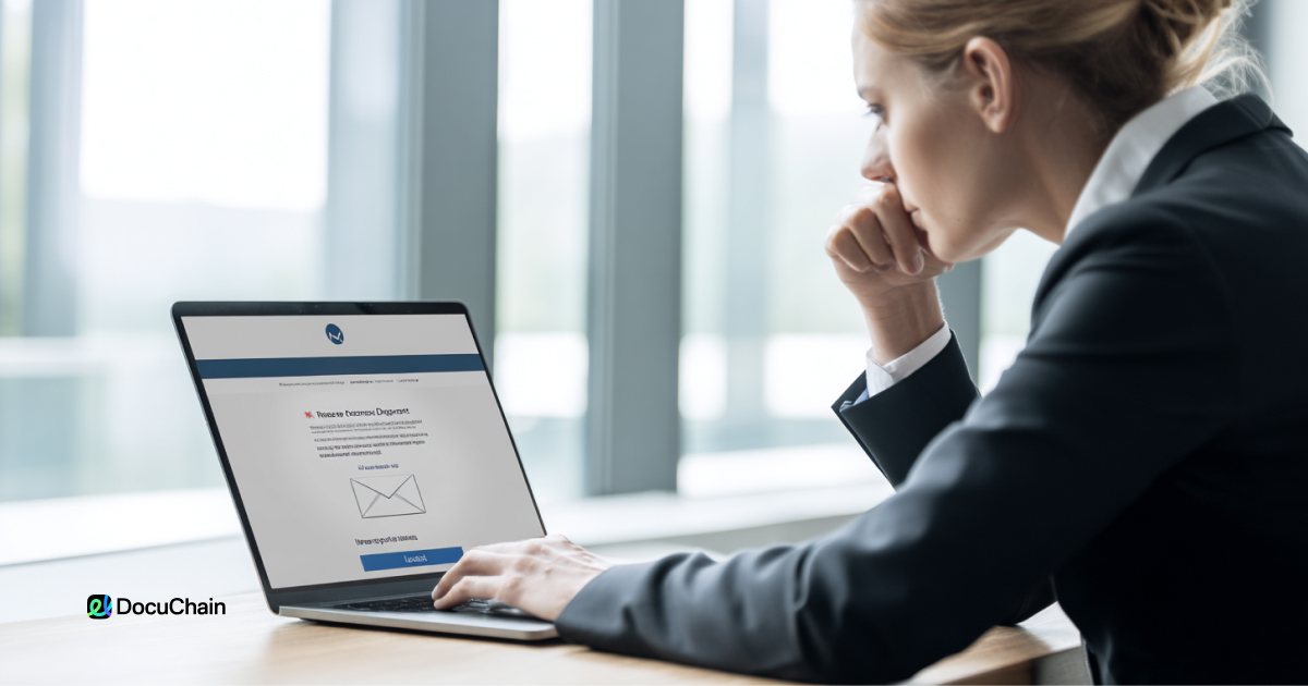 Businesswoman reviewing potential DocuSign phishing email, identifying risks in electronic document signing process