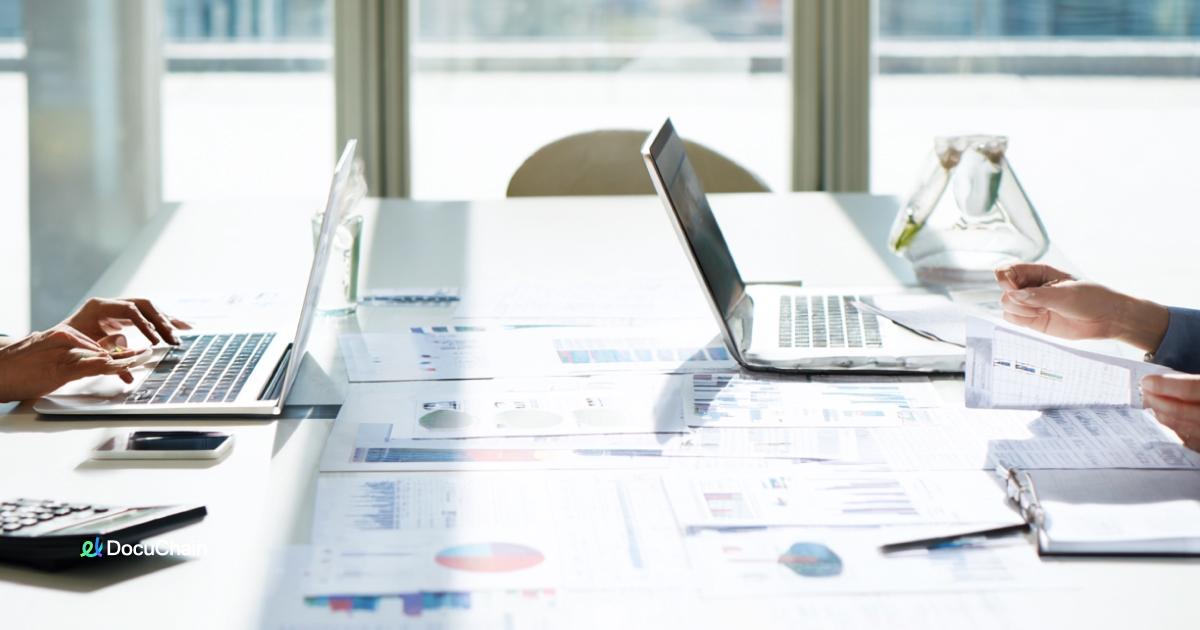 close-up of business professionals analyzing legal contracts and financial documents, working on laptops, reviewing contract clauses and compliance data, legal contract review session