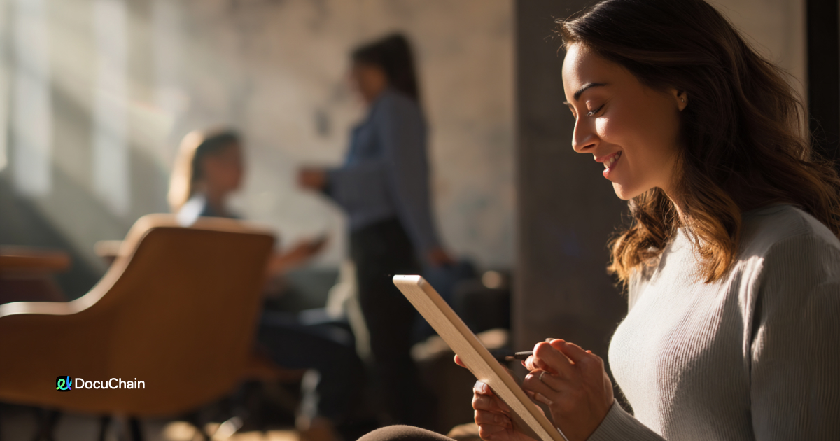 Smiling woman uses tablet for digital signing, representing how DocuChain simplifies contract workflows and removes friction