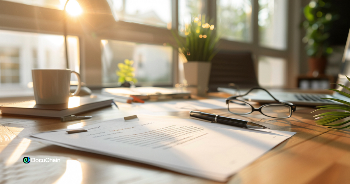 Tidy desk with contract, pen, and laptop in morning light, representing structured digital onboarding with audit-ready document flow
