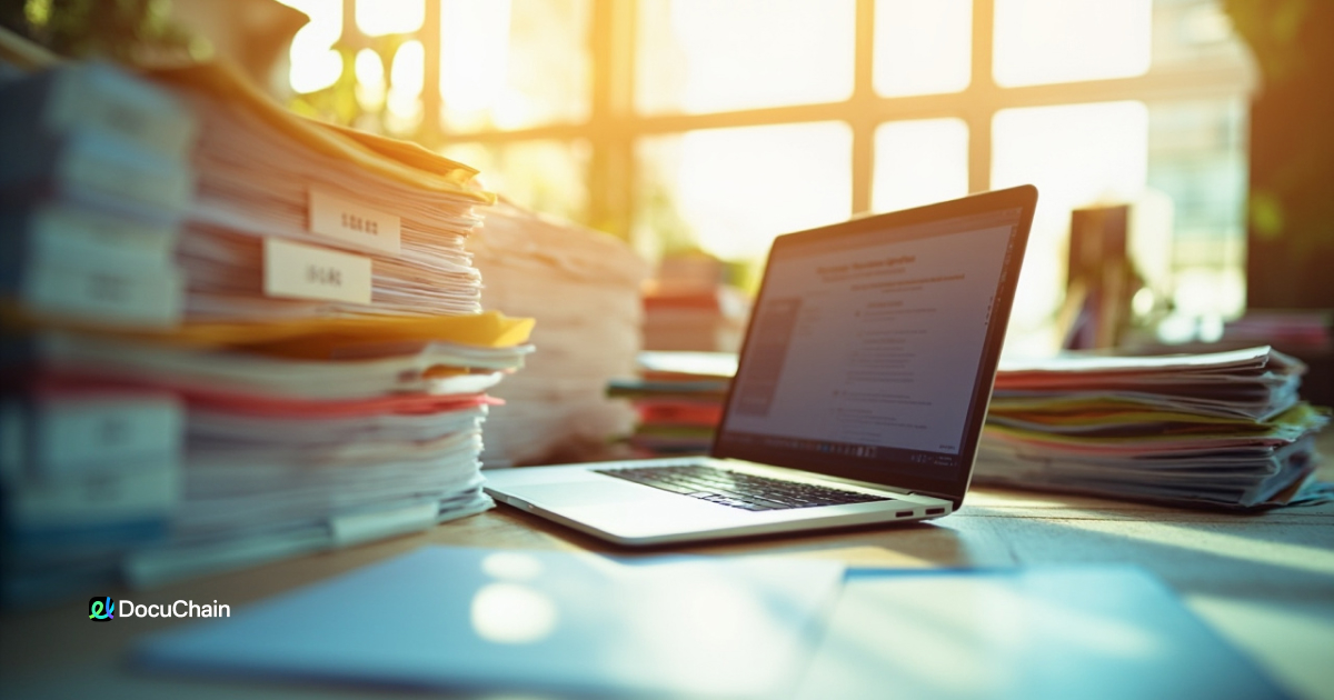 Stacks of printed documents next to an open laptop in sunlight — highlighting the contrast between paperwork overload and digital eSign workflow