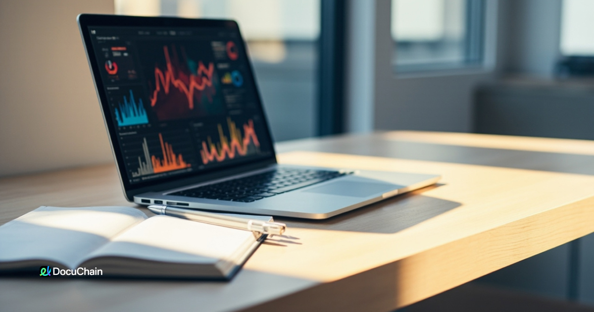 Laptop screen showing analytics dashboard with a notebook nearby — visualizing use cases for advanced electronic signatures in business processes