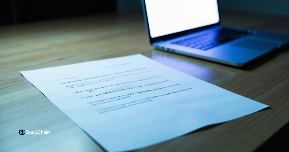 Printed contract in focus with a laptop in the background — representing how DocuChain supports both paper-based and digital signature flows