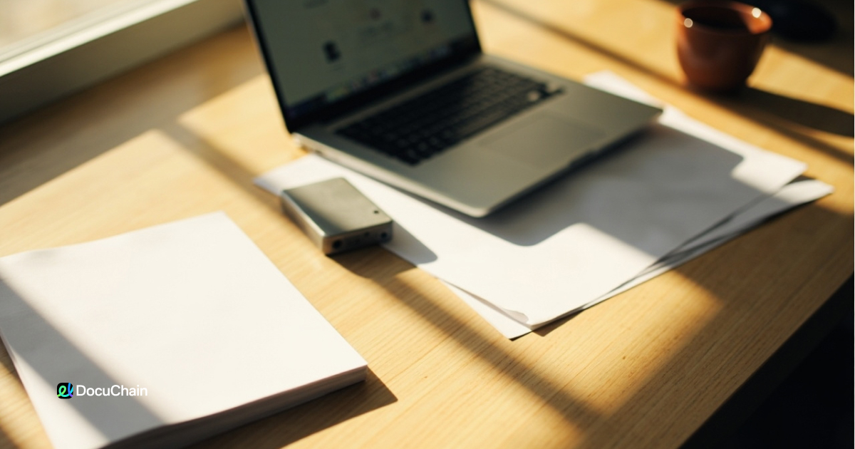 Organized desk with clean paperwork and open laptop — illustrating paperless onboarding with digital signature tools