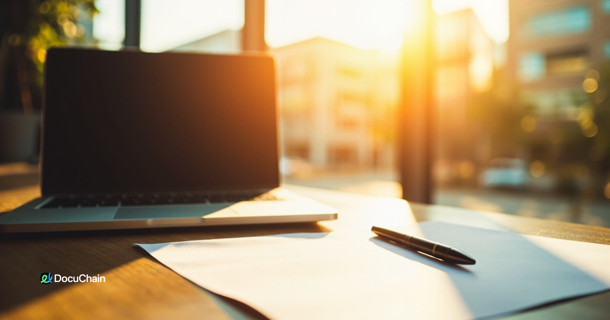 Laptop and pen on a table in warm sunlight — representing secure and trackable onboarding workflows with digital signatures