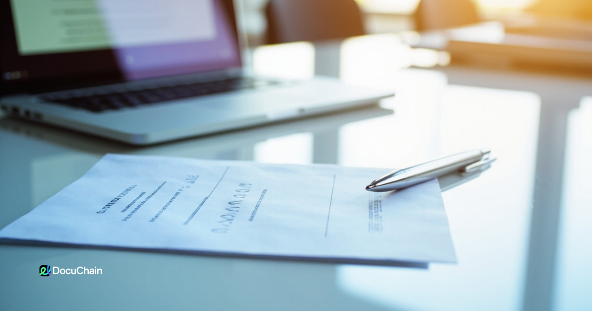 Printed onboarding form and pen beside a laptop — showing how DocuChain enables fast and secure document preparation from day one