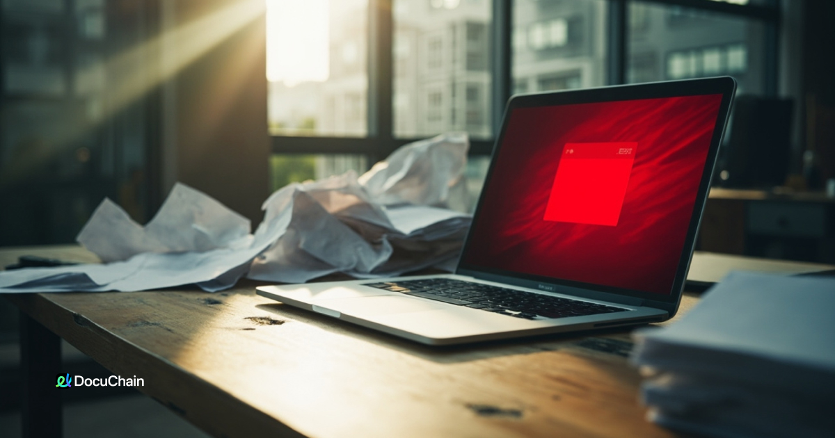 Laptop showing a red error screen surrounded by crumpled papers — visual metaphor for PDF signing failures and Acrobat crashes