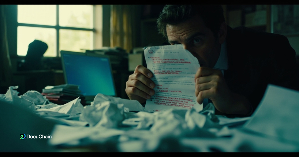 Person holding a damaged document surrounded by paper chaos — illustrating frustration from corrupted PDFs in signing workflows