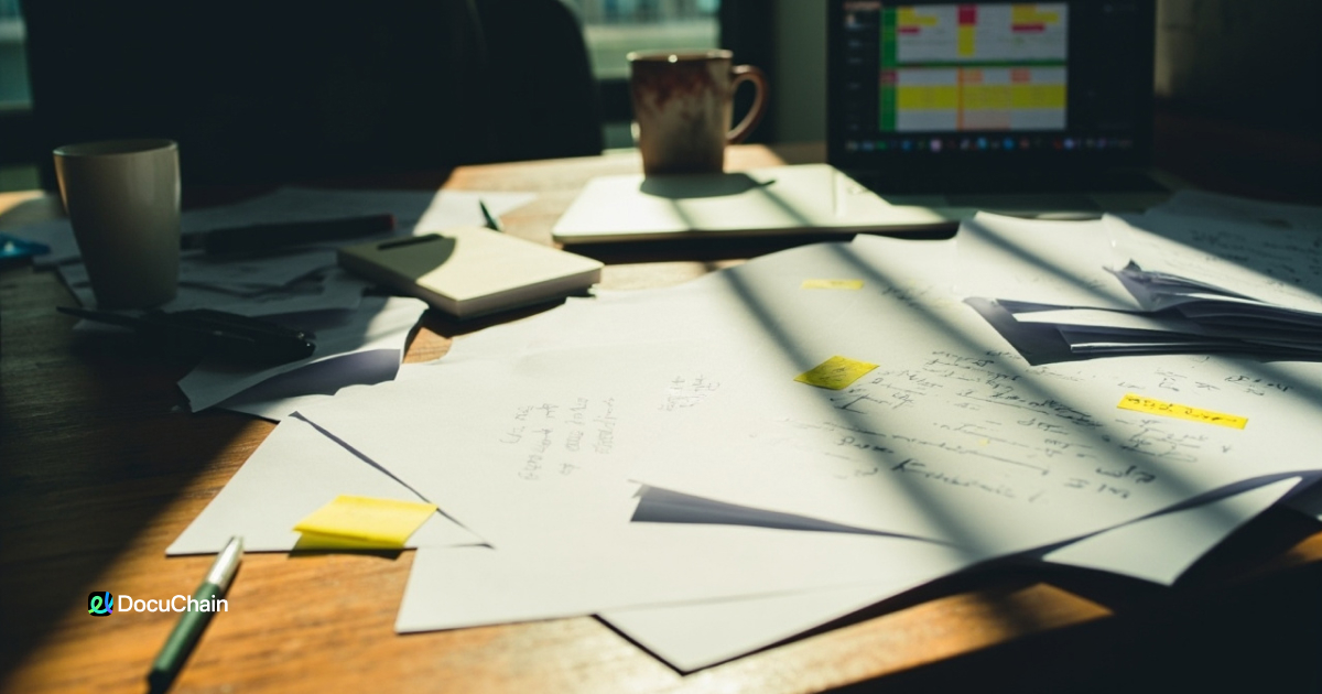 Messy workspace with handwritten notes and sticky tags — showing the confusion when PDF has no visible signature field