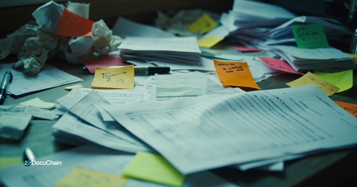 Stack of printed documents, sticky notes, and pens scattered across the desk — representing manual workarounds when digital signing fails