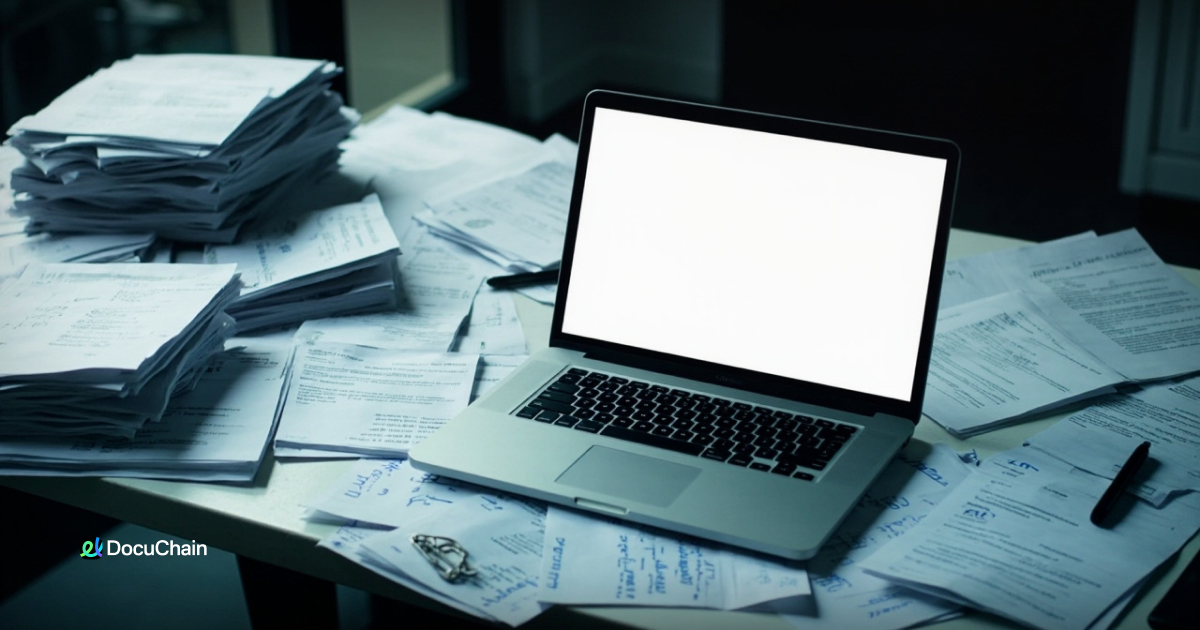 Laptop with a blank screen surrounded by PDF documents — visualizing the issue of disappearing eSignatures after saving