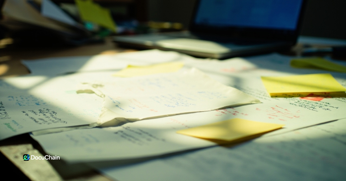 Blurred printed documents with messy handwritten notes and sticky tags — representing the confusion when signatures vanish or don’t embed