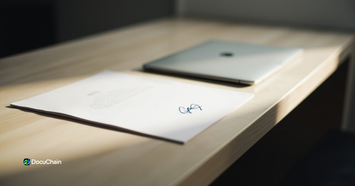 Neatly signed document on a bright desk — showing how DocuChain embeds eSignatures directly into the file with no risk of loss