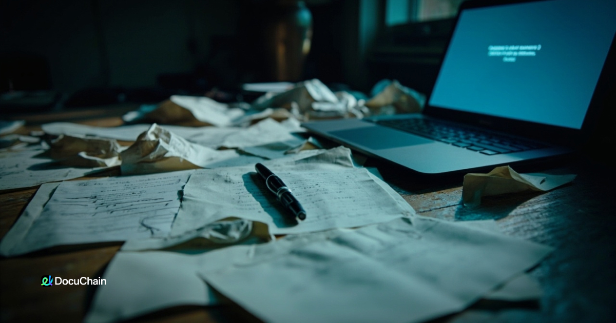 Laptop with crash message, surrounded by crumpled documents and failed attempts — illustrating the frustration of frozen PDF signing tools